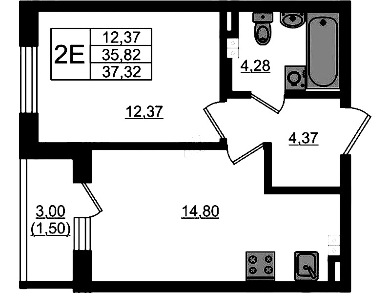 1-комнатная квартира 37.32 м², 3/4 эт., ЖК «Новая история»